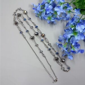 Extra Long Genuine Aurora Borealis Crystal Silver and Blue Necklace